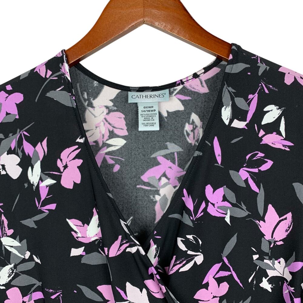 Catherines Faux Wrap Dress Maxi Black Purple Dark Floral Stretchy Womens 14 16WP - Picture 3 of 8